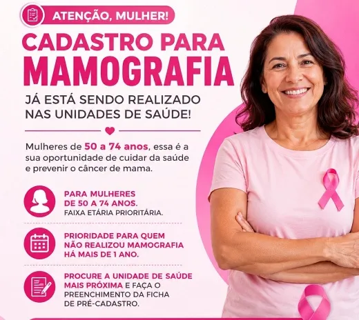 Cadastro para realização de mamografias está disponível nas unidades de saúde