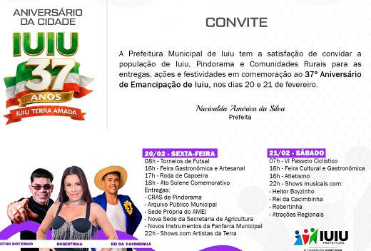 Prefeitura de Iuiu celebrará os 37 anos com entrega de obras e presente surpresa