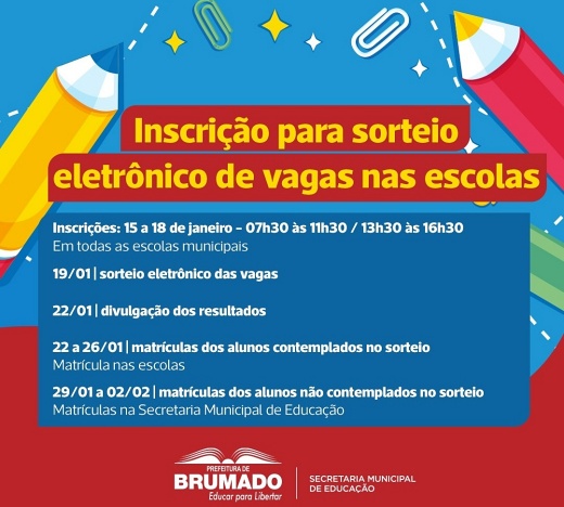 Brumado: inscrições para o sorteio eletrônico das Escolas Municipais acontecem na próxima segunda